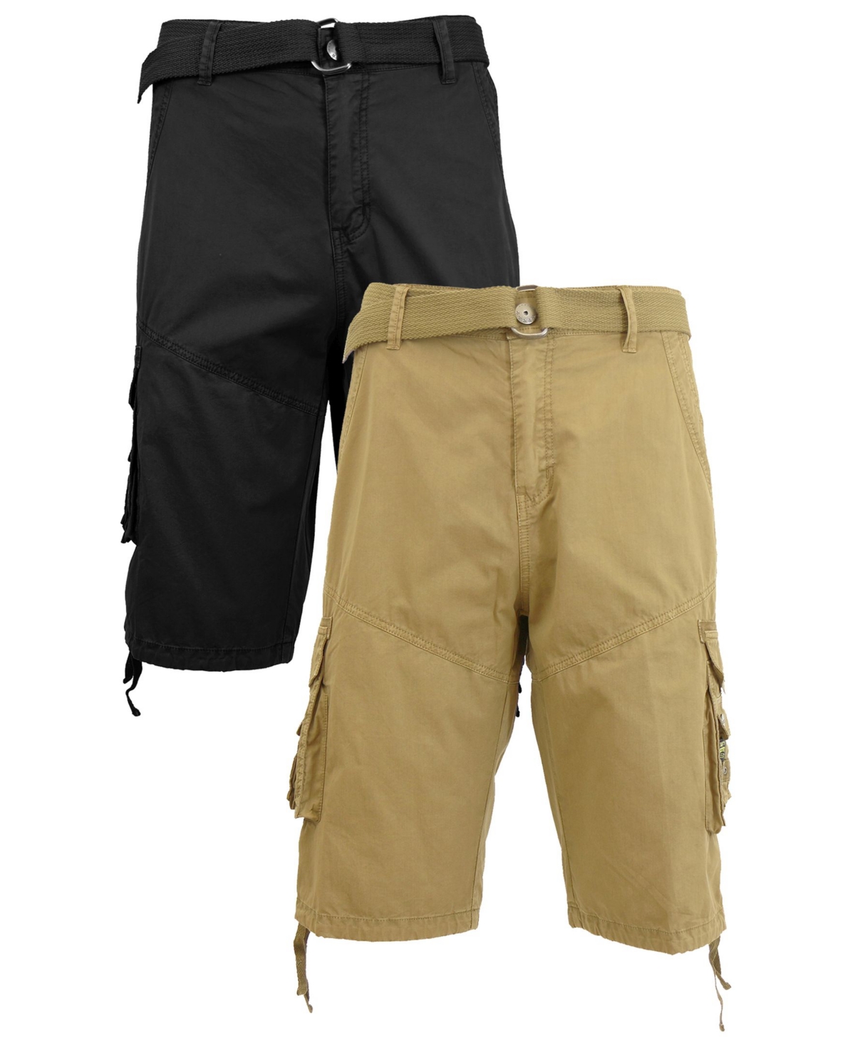 Men's Belted Cargo Shorts with Twill Flat Front Washed Utility Pockets, Pack of 2 - Khaki and Timber