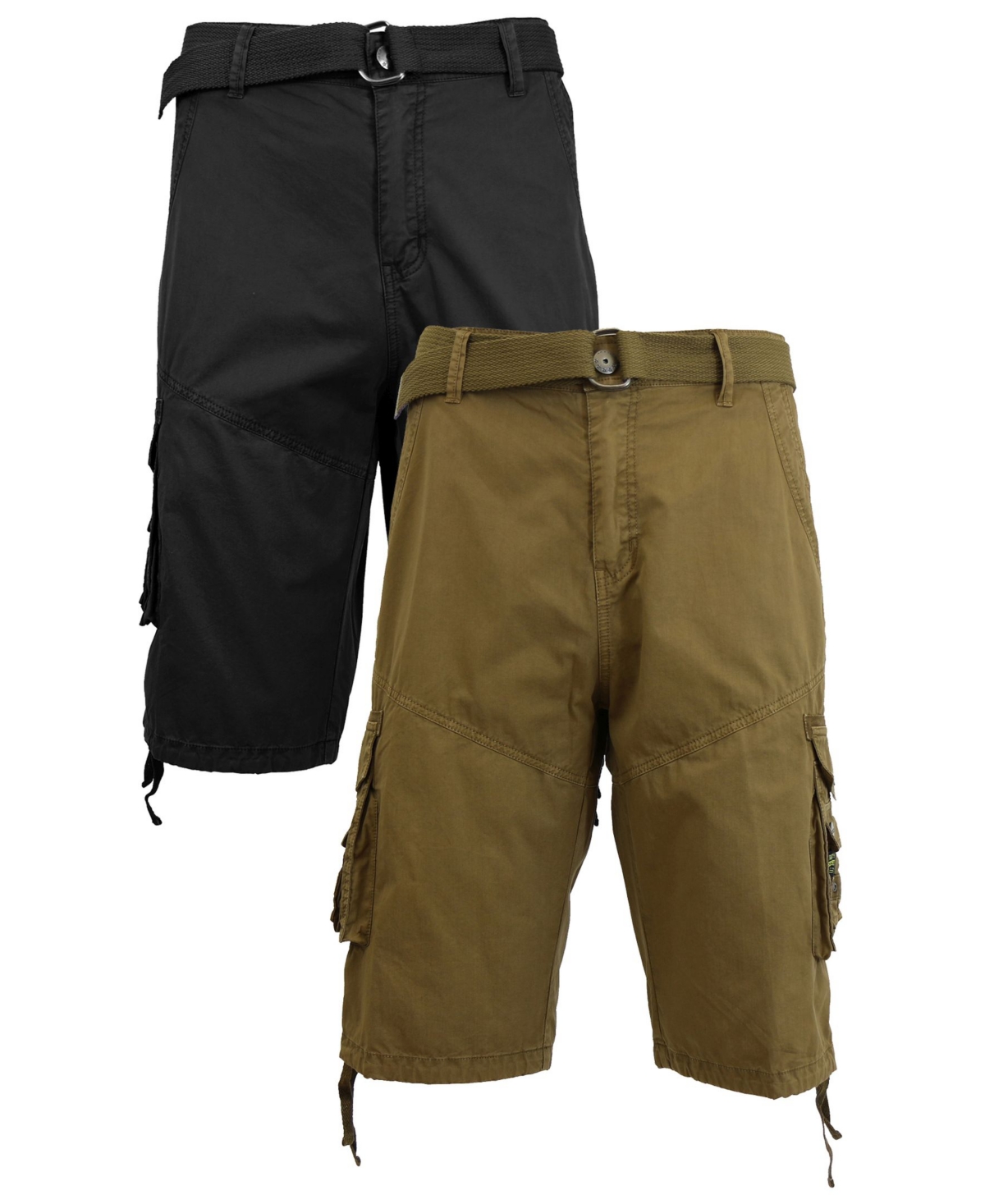 Men's Belted Cargo Shorts with Twill Flat Front Washed Utility Pockets, Pack of 2 - Khaki and Timber
