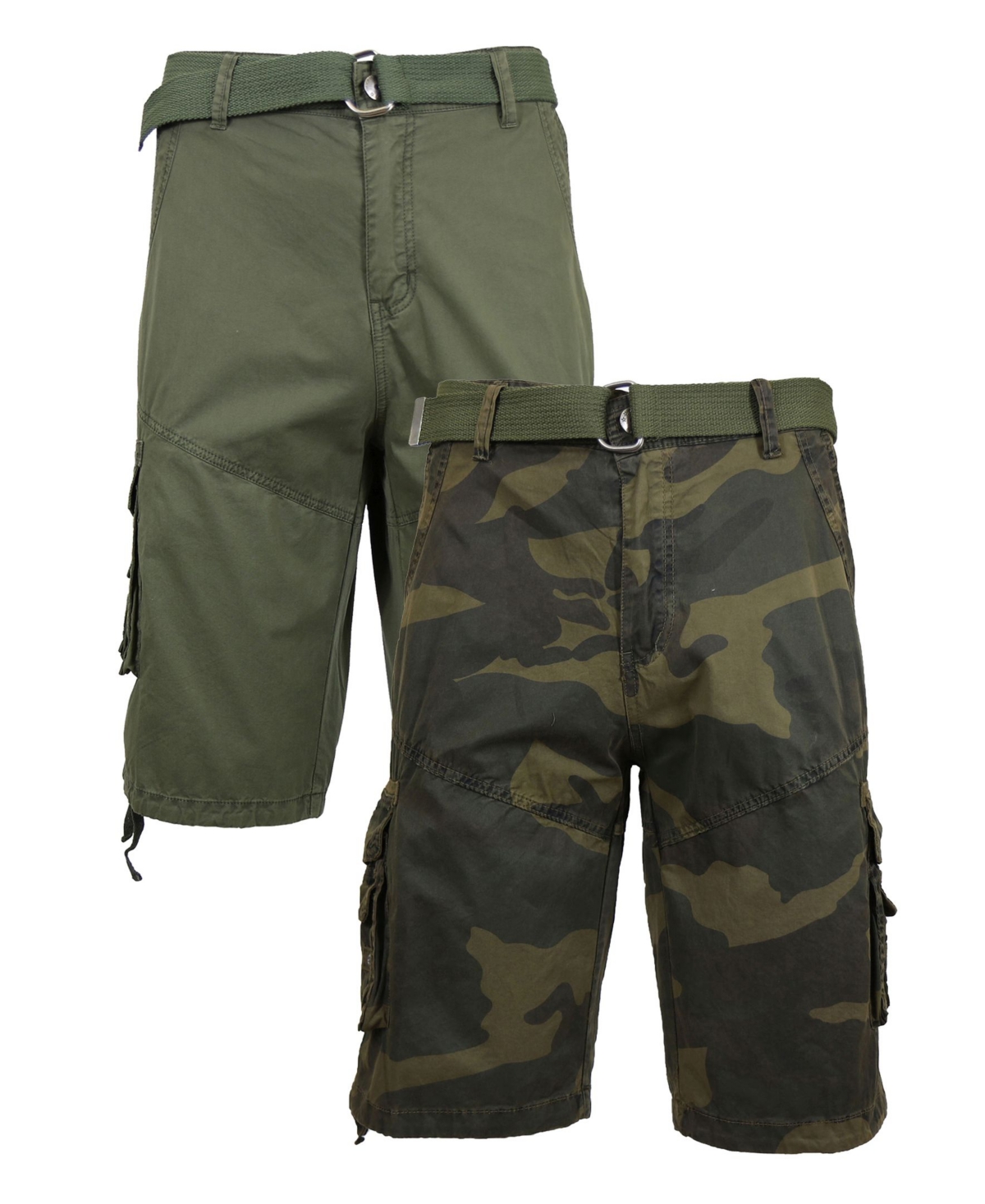Men's Belted Cargo Shorts with Twill Flat Front Washed Utility Pockets, Pack of 2 - Olive and Woodland Camo