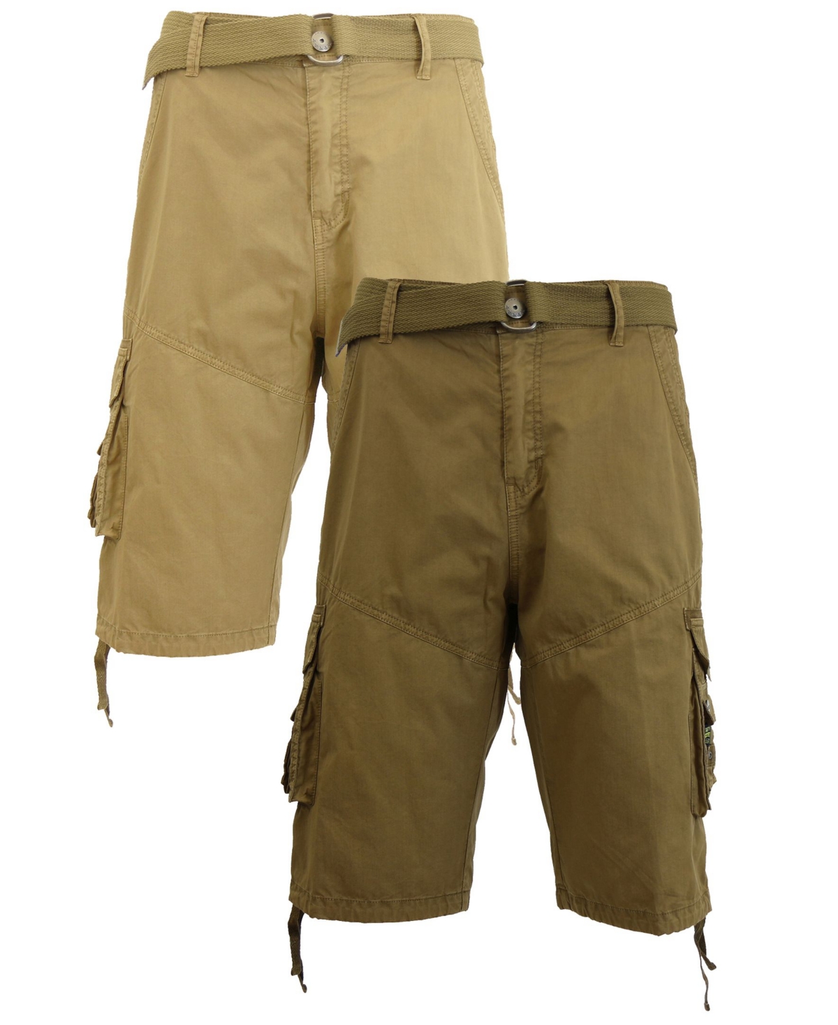 Galaxy By Harvic Men's Belted Cargo Shorts With Twill Flat Front Washed Utility Pockets, Pack Of 2 In Khaki And Timber
