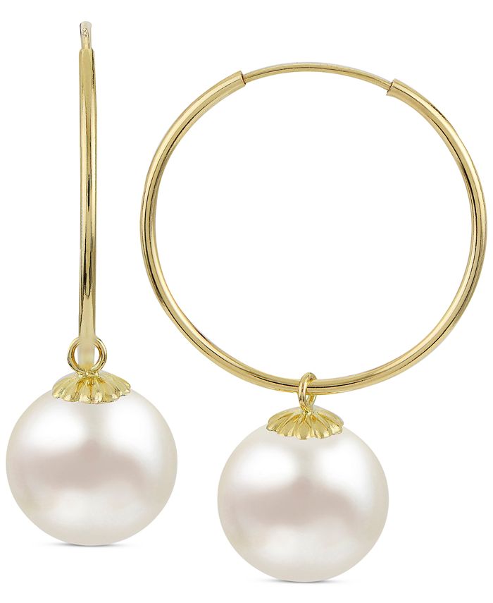 Macy's - Cultured Freshwater Pearl (10mm) Dangle Hoop Earrings in 14k Gold