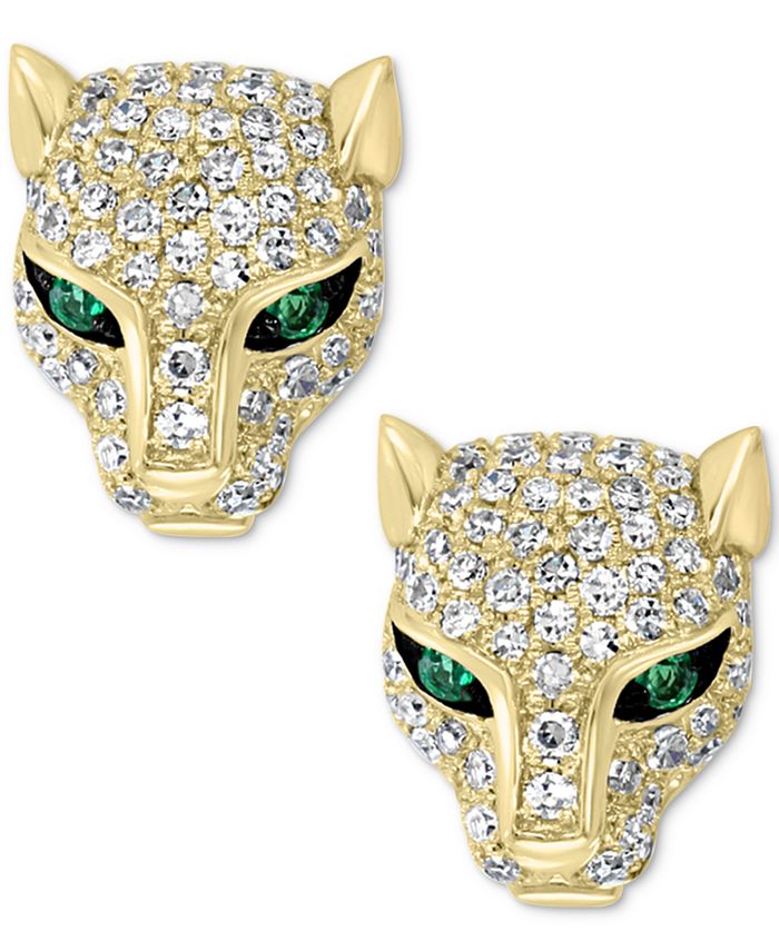 EFFY Collection - Diamond (1/2 ct. t.w.) & Emerald Accent Panther Stud Earrings in 14k Gold