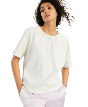 Alfani Gathered-crewneck Contrast-trim Top, Created For Macy's In Antique White