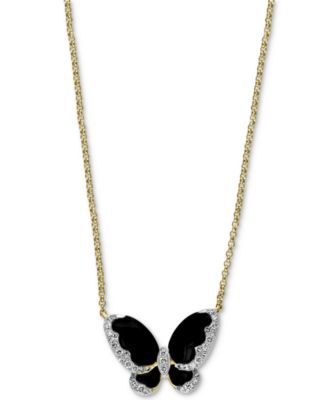 EFFY Collection - Diamond (1/5 ct. t.w.) & Onyx (3-1/2mm, 4-1/2mm) Butterfly 18" Pendant Necklace In 14k Gold