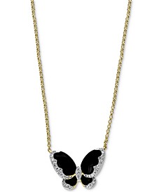 EFFY® Diamond (1/5 ct. t.w.) & Onyx (3-1/2mm, 4-1/2mm) Butterfly 18" Pendant Necklace In 14k Gold