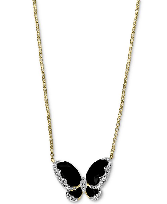 EFFY Collection - Diamond (1/5 ct. t.w.) & Onyx (3-1/2mm, 4-1/2mm) Butterfly 18" Pendant Necklace In 14k Gold