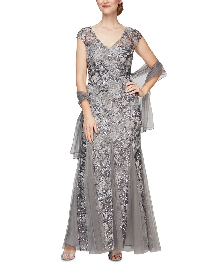 Alex Evenings Embellished-Lace Embroidered Illusion Gown & Shawl ...