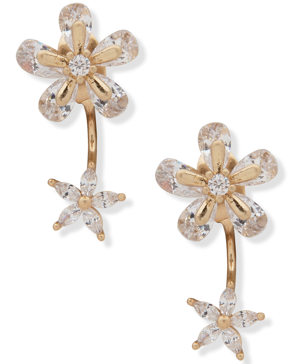 Gold-Tone Cubic Zirconia Flower Front-and-Back Earrings - White