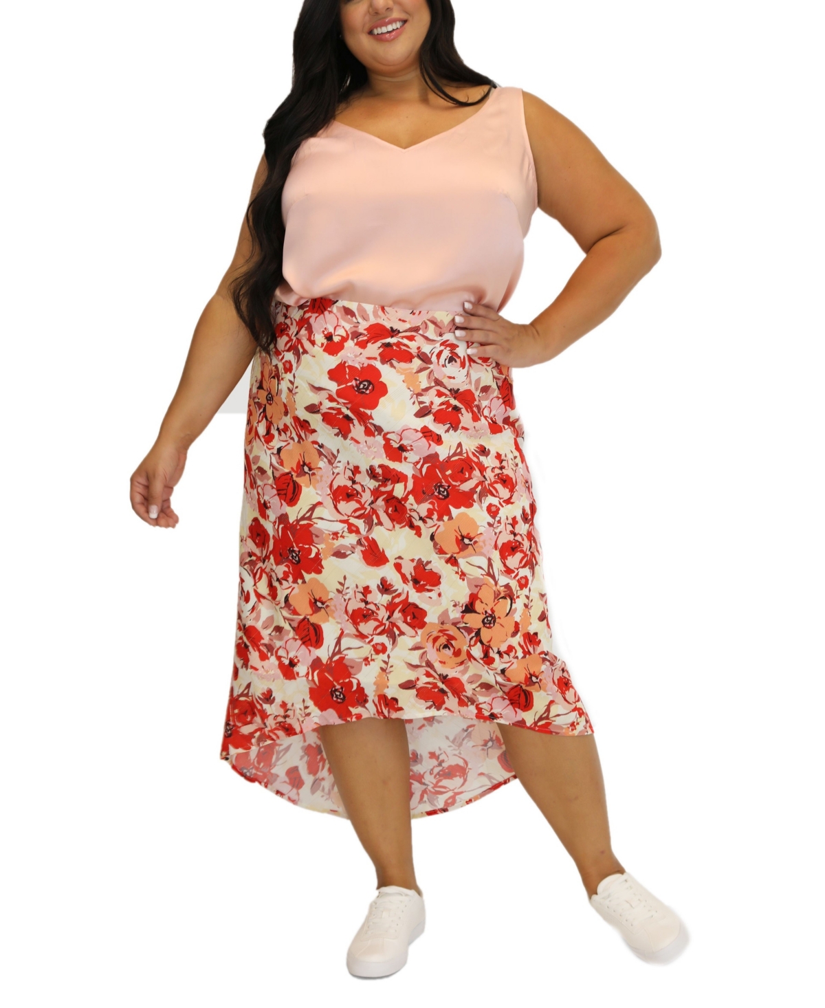 Maree Pour Toi Women's Plus Size Floral Printed High Low Skirt