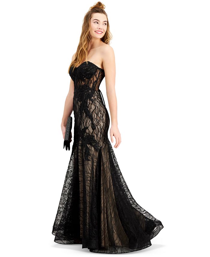 Blondie Nites Juniors' Strapless Lace Corset Gown, Created for Macy's ...