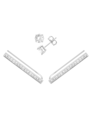 ESSENTIALS AND NOW THIS CUBIC ZIRCONIA STUD & PAVE BAR CLIMBER EARRING IN SILVER PLATE