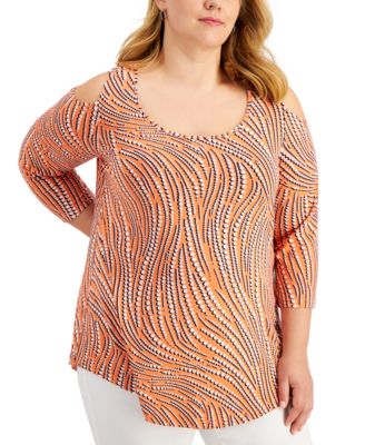 JM Collection - Plus Size Printed Cold-Shoulder Top