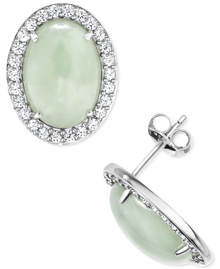 Macy's - Green Jade & White Zircon (1 ct. t.w.) Oval Stud Earrings in Sterling Silver