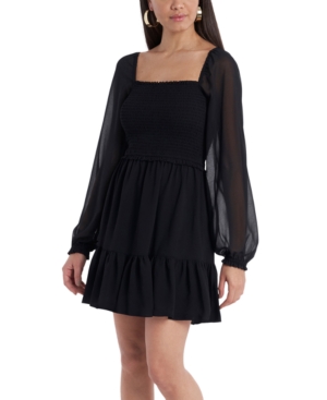 Shop 1.state Women's Smocked Ruffle Hem Long Sleeve Dress In Rich Black