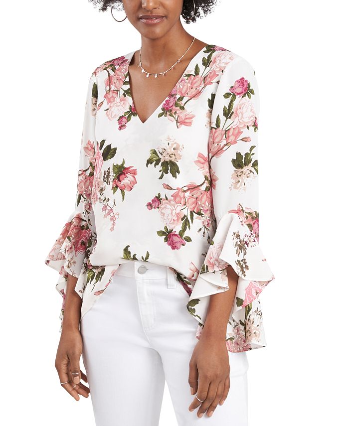 Vince Camuto Rose-Print Flutter-Sleeve Top - Macy's