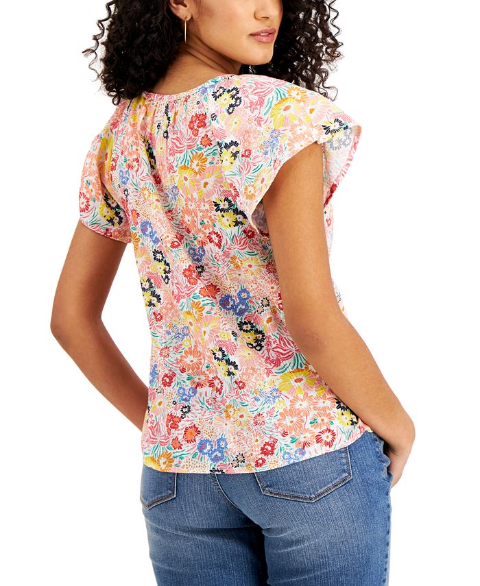 Style & Co Cotton Floral Flutter Sleeve Top, Created for Macy's - Macy's