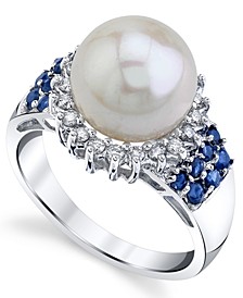Cultured Freshwater Pearl (10mm), Diamond (1/3 ct. t.w.), & Sapphire (5/8 ct. t.w.) Ring in 14k White Gold