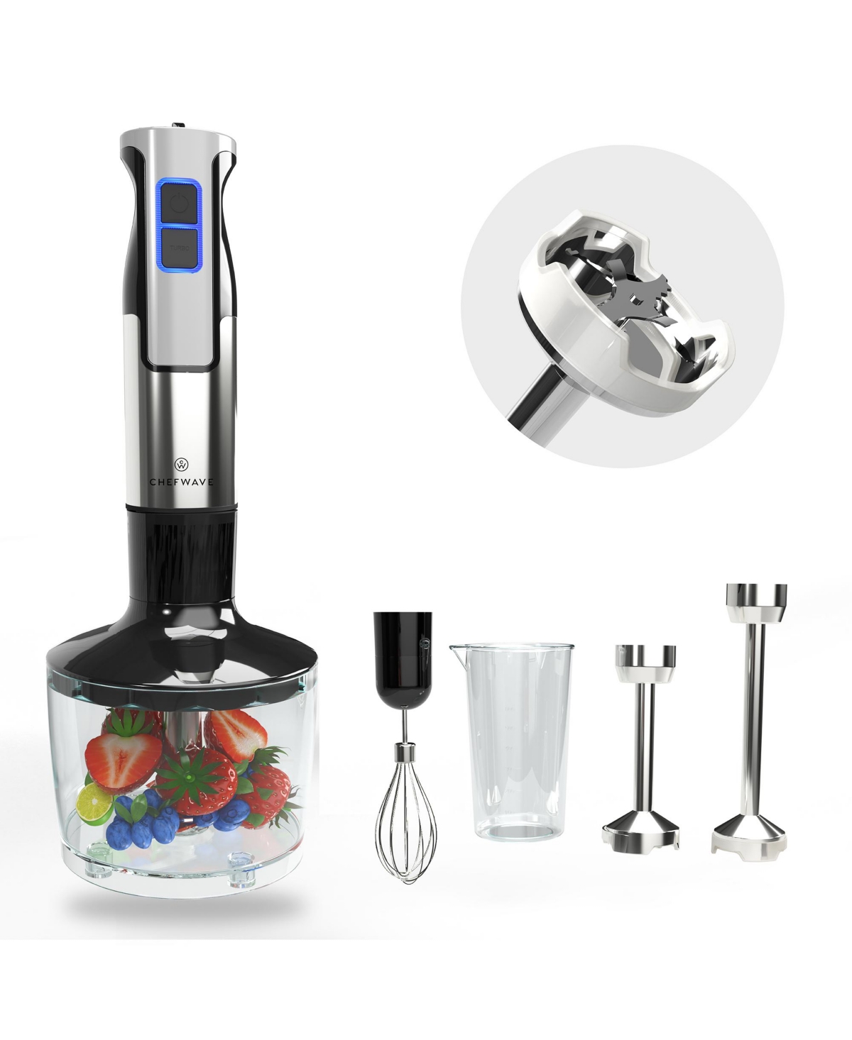 ChefWave InterMix 500 Watt 9-Speed Immersion Multi-Purpose Hand Blender Heavy Duty with Immersion Depth Wands, Beaker, Whisk and Chopper Attachments