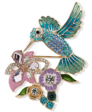 Anne Klein Gold-tone Crystal Hummingbird & Flower Pin In Multi