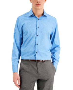 Construct Con. Struct Men's Slim-fit Cooling Comfort Performance Stretch Dot-print Dress Shirt With Pleated Fa In Blue