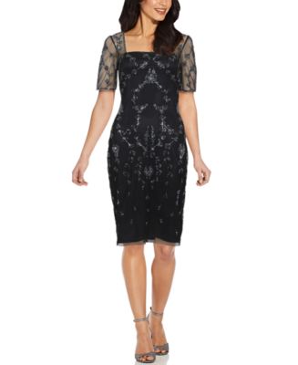 Papell Studio Mesh-Sleeve Beaded Dress - Macy's