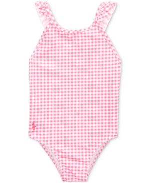 Polo Ralph Lauren Kids' Ralph Lauren Baby Girls Ruffled Gingham One-piece Swimsuit In Baja Pink/white