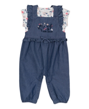 Mac & Moon Baby Girls 2 Piece Chambray Overall Set with Bunny Floral Print