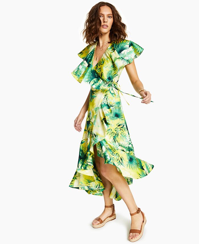 INC International Concepts Tropical-Print Ruffle Wrap Dress, Created ...