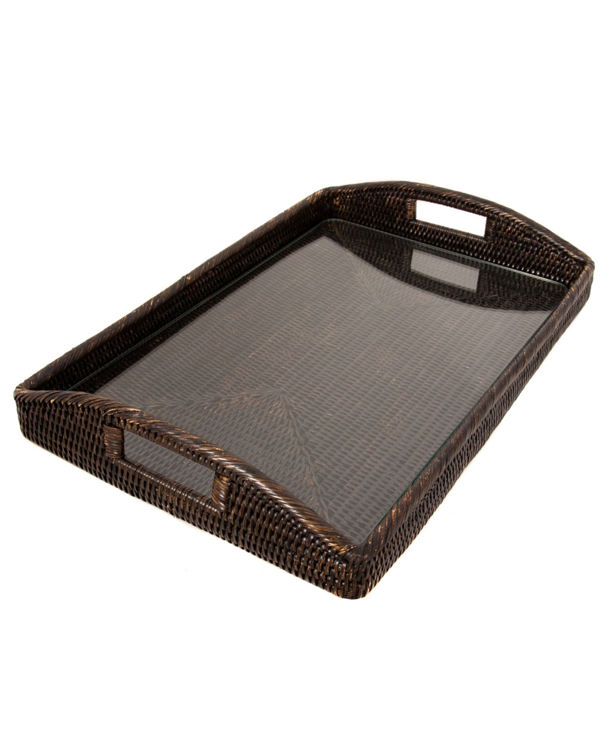 Artifacts Trading Company Artifacts Rattan 21" Rectangular Tray With Glass Insert In Dark Brown