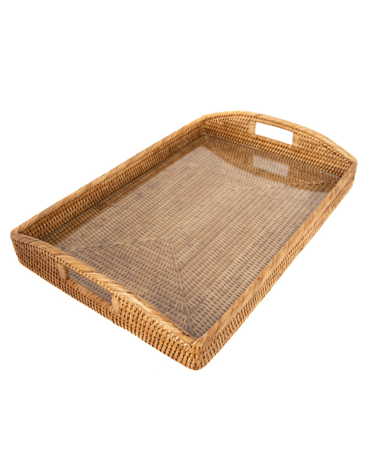 Artifacts Trading Company Artifacts Rattan 21" Rectangular Tray With Glass Insert In Medium Brown