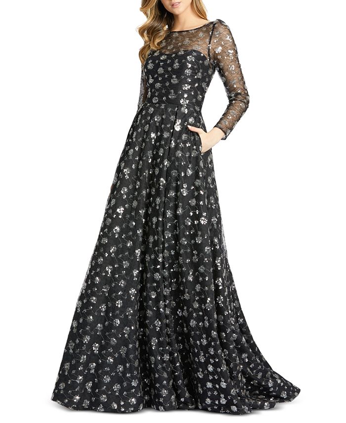 mac duggal embellished mesh gown