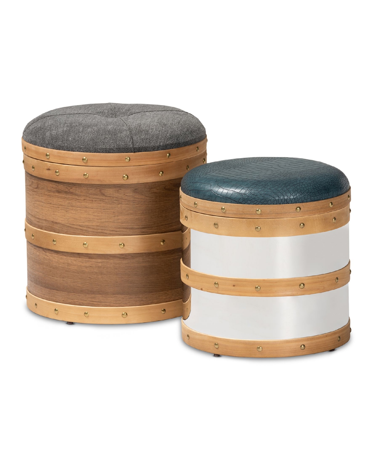 Caleb Modern and Contemporary Glam Fabric and Alligator Faux Leather Upholstered 2 Piece and Metal Storage Ottoman Set