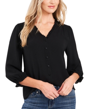 CECE WOMEN'S RUFFLED BUTTON-FRONT 3/4-SLEEVE BLOUSE