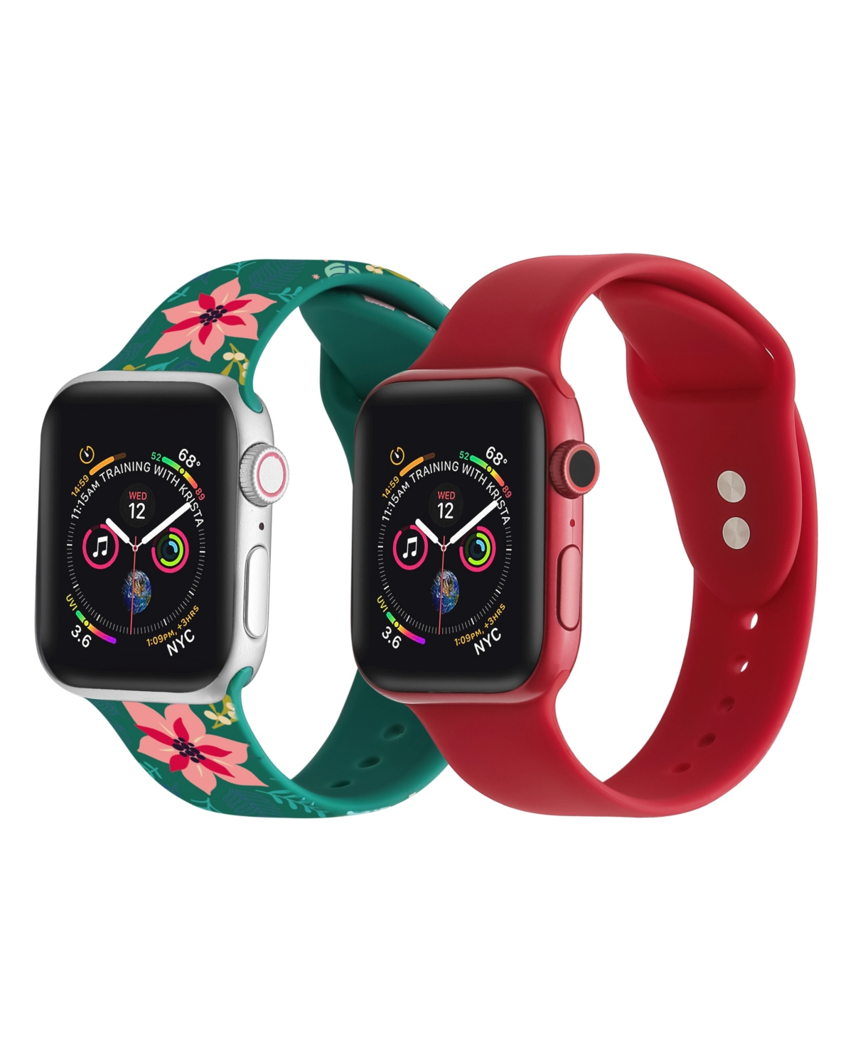 Men's and Women's Green Floral Red 2 Piece Silicone Band for Apple Watch 42mm - Multi