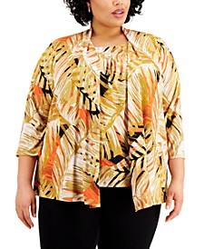 Plus Size Tropical-Print 3/4-Sleeve Open-Front Cardigan Sweater