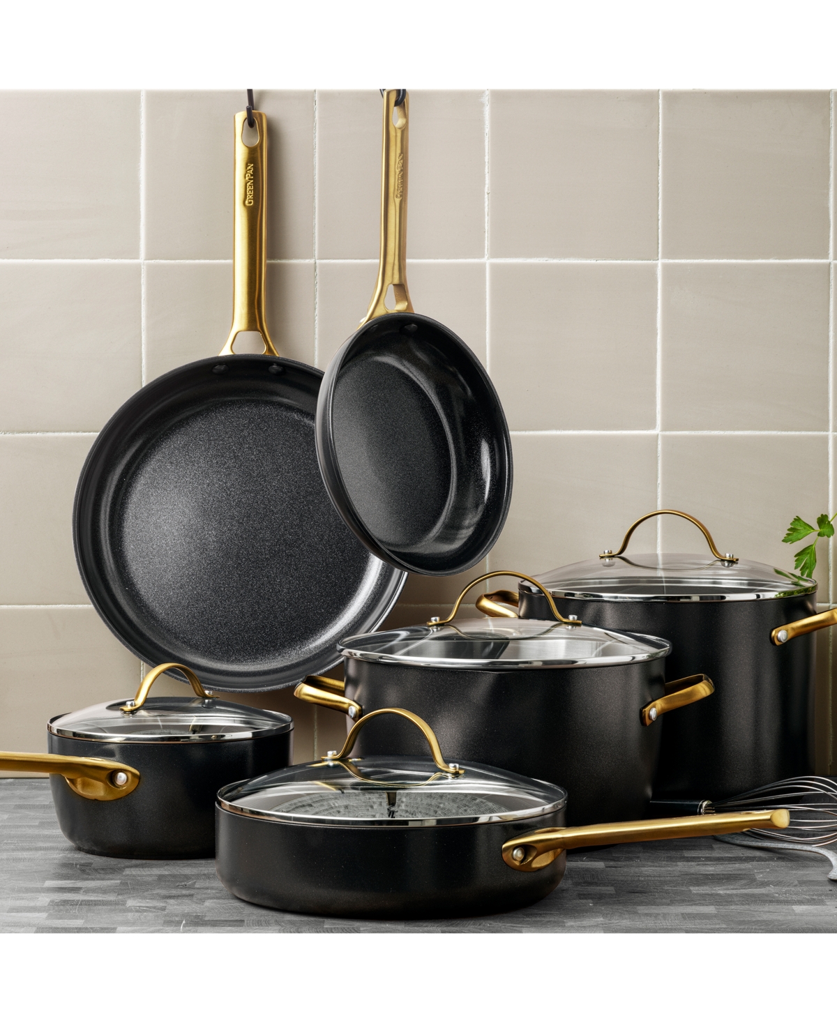 Greenpan Padova Healthy Ceramic Nonstick Cookware Set, 10 Piece In Black With Gold Handle