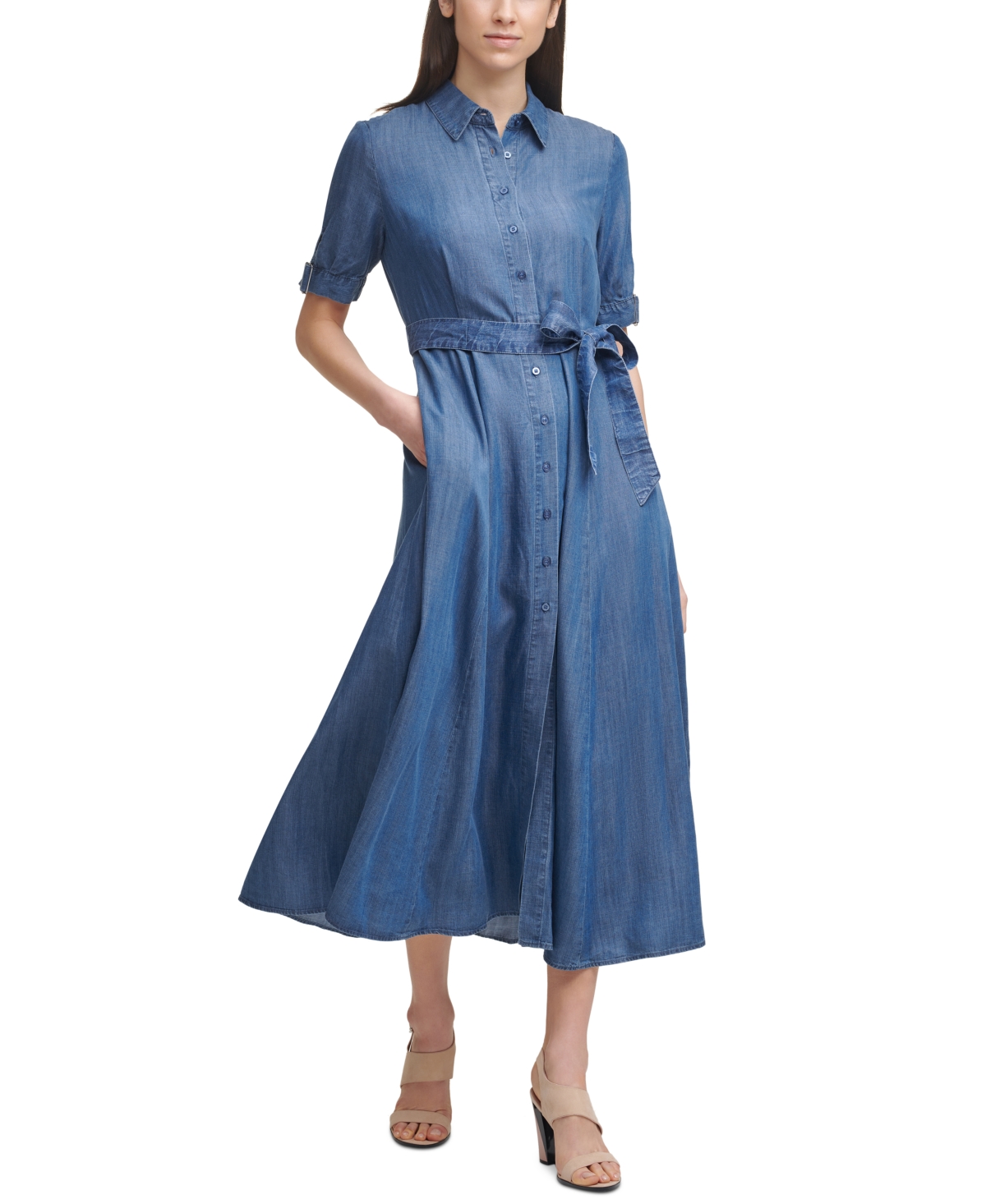 zoete smaak Decoderen bijtend Calvin Klein Belted Denim Midi Shirtdress & Reviews - Dresses - Women -  Macy's