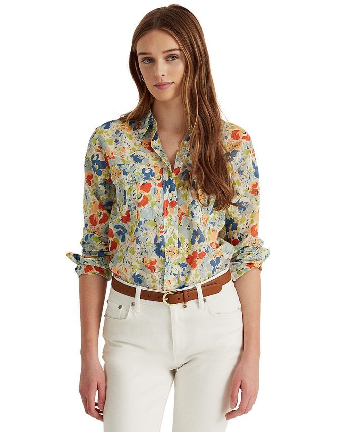 Lauren Ralph Lauren Petite Floral Cotton Voile Shirt - Macy's