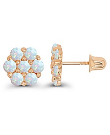 Created White Opal Round Flower Screwback Earrings in Sterling Silver (Also in 14k Gold Over Silver or 14k Rose Gold Over Silver)