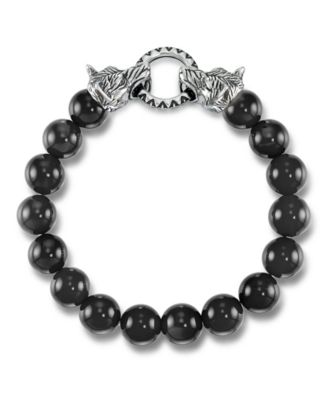 Men's Tiger's Eye Bead Wolf Head Stretch Bracelet in Stainless Steel (Also in Onyx & White Agate)