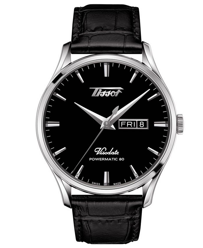 Tissot - Men's Swiss Automatic Heritage Visodate Powermatic 80 Black Leather Strap Watch 42mm