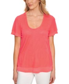 Mesh-Overlay Scoop-Neck Top