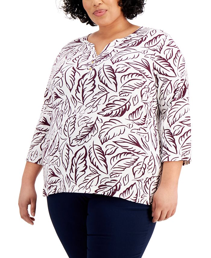 Karen Scott Women's  Glitter-Print Henley Top  Black Size XL