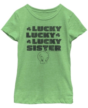 Fifth Sun Kids' Big Girls Looney Tunes Lucky Looney Sister Short Sleeve T-shirt In Green Apple