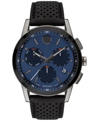 Movado - Men's Swiss Chronograph Museum Sport Black Perforated Leather Strap Watch 43mm