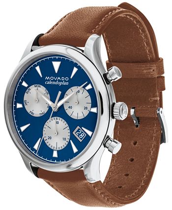 Movado - Men's Swiss Chronograph Heritage Series Calendoplan Cognac Brown Leather Strap Watch 43mm