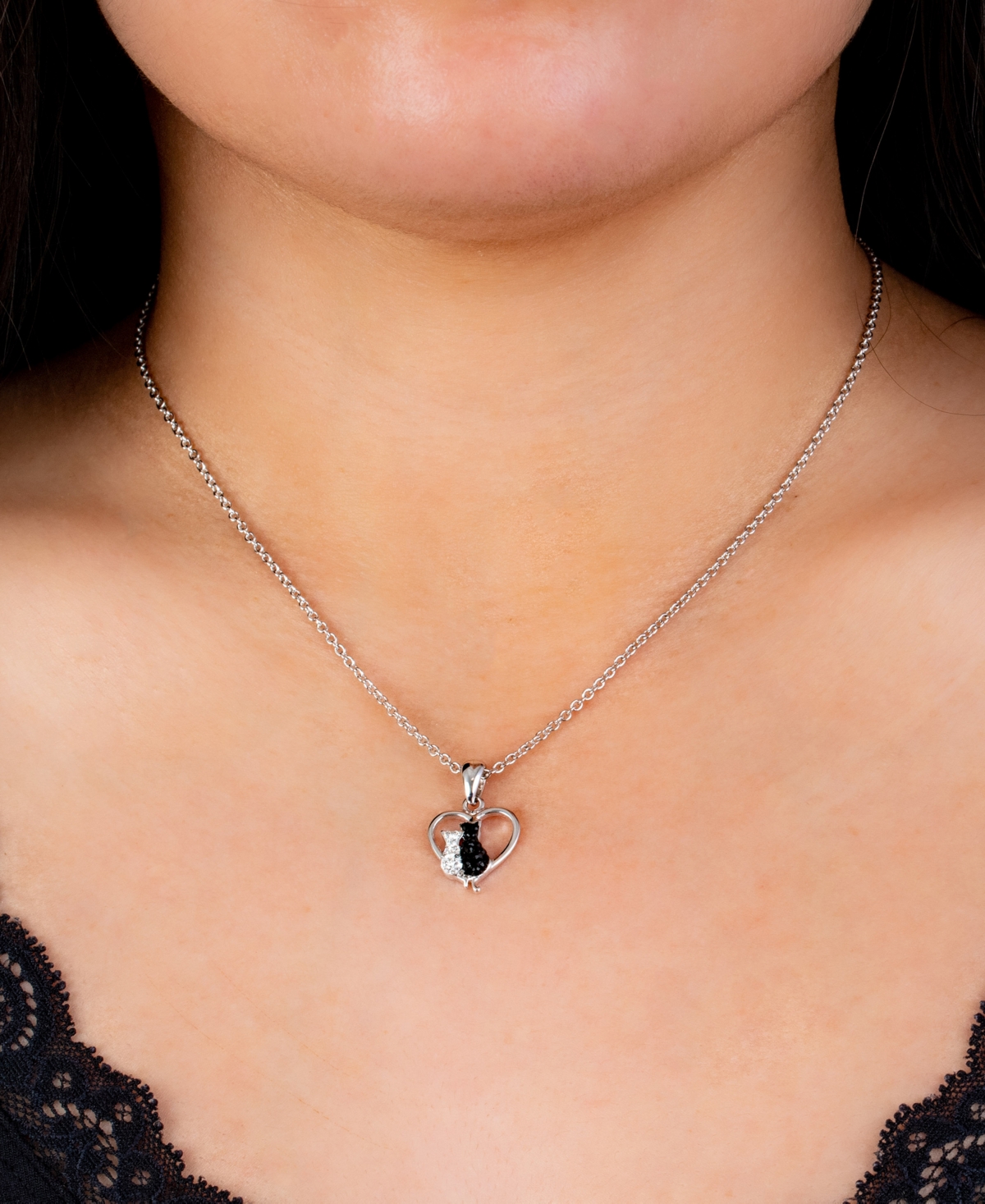 Crystal Two Cat in Heart Pendant 16+2