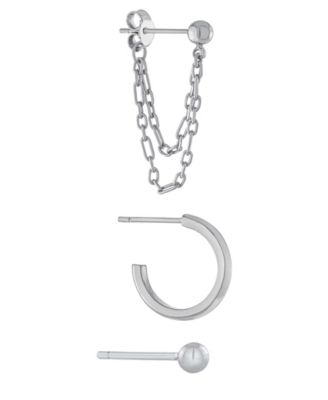 3pc Post Ball, Hoop and Chain Earring Set in Gold or Silver Plated