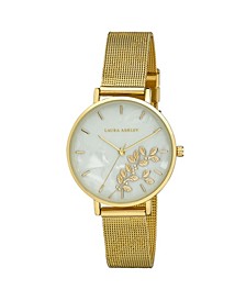 Women's Engraved Floral Printed Gold-Tone Alloy Mesh Band Watch 34mm