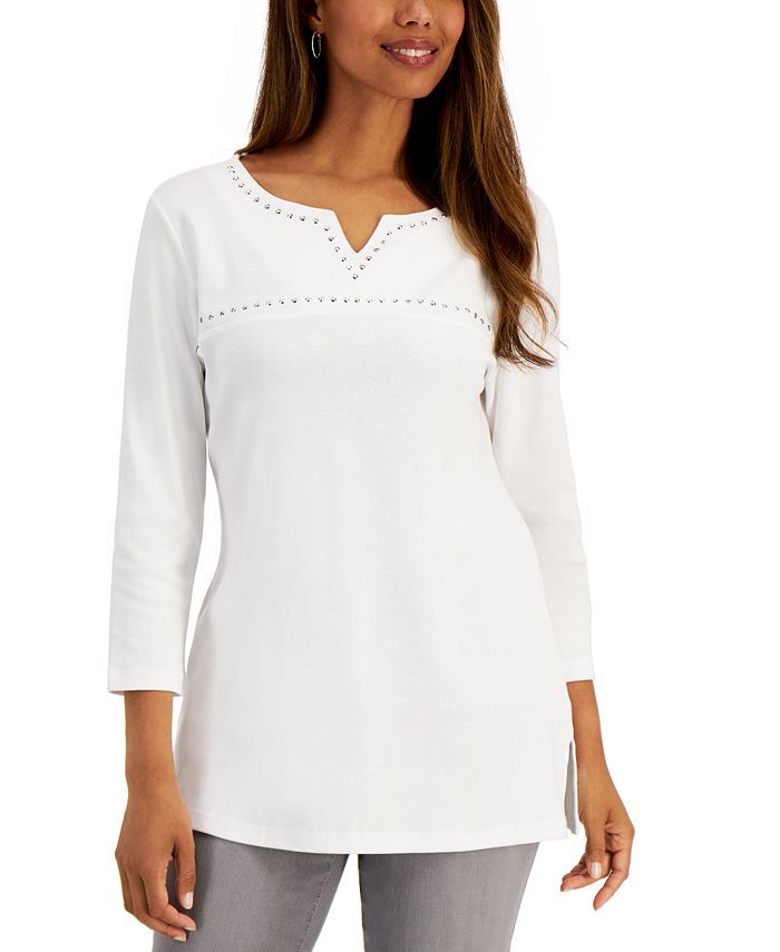 Karen Scott Petite Cotton Studded 3/4-Sleeve Tunic, Created for Macy's ...